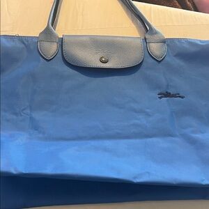Longchamp Light Blue Nylon Tote with Leather Trim